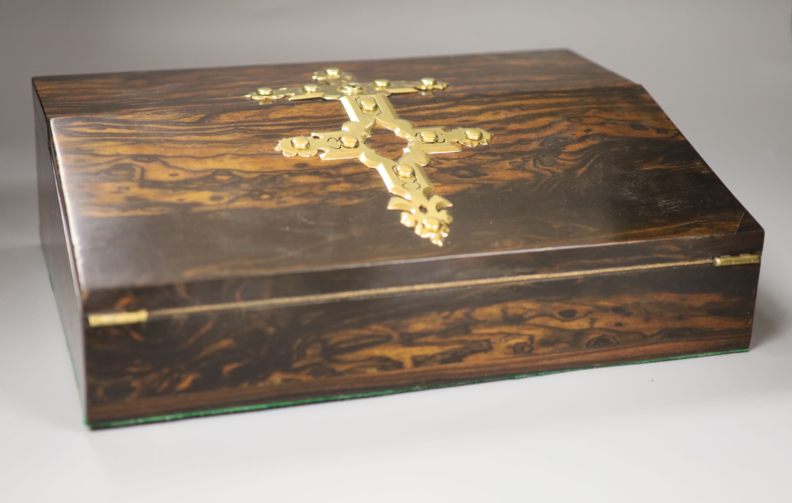 A Victorian coromandel and brass mounted writing slope, width 36cm